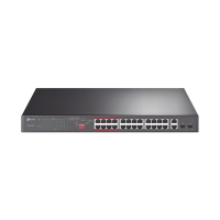 Switch No Administrable 24 Puertos PoE+ 10/100 Mbps / 2 Puertos 10/100/1000 Mbps + 2 Puertos SFP (combo) / Modo Prioridad de Tráfico / Modo Aislamiento de Red / Presupuesto PoE de 250 W / Diseño para Ideal para Vigilancia IP
