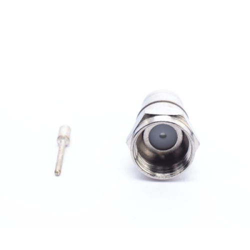 Conector F Macho Plegable, Con PIN para Cable RG-59, Cuerpo de Bronce Niquelado.