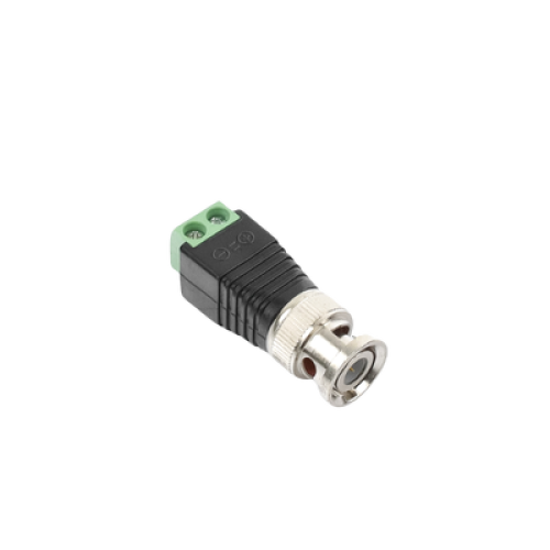 Adaptador de conector BNC macho a 2 terminales-tornillo para cables AWG-26-14, en aplicaciones Video Vigilancia, Níquel/ Oro/  PTFE y PVC.