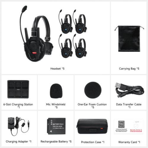 Kit 5 Intercomunicadores Inalámbricos Full-Duplex / Rango 500 m (1640 ft) / Hasta 13 Unidades / Latencia 80 ms / AEC 2.0 / Batería 24 Hrs / USB-C