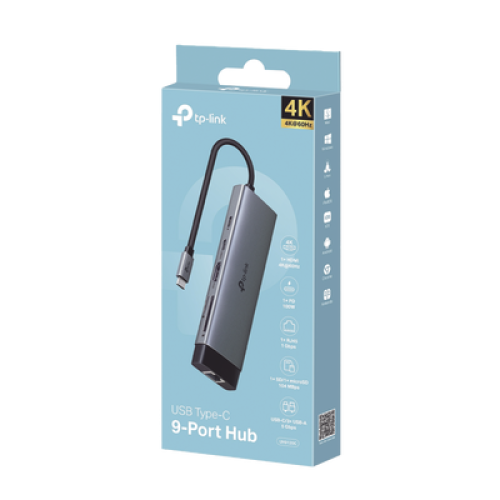 Adaptador HUB 9 en 1, 1 puerto USB-C entrada, 1 puerto HDMI 4K, 1 puerto Ethernet Gigabit, 1 puerto SD y MicroSD, 1 puerto USB-C y 3 puertos USB-A