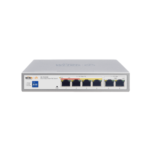 Switch PoE / Administración en la nube / Con 4 puertos 10/100 Mbsp PoE af/at / 2 Puertos Uplink 10/100 MBPS /  Presupuesto 60 W / PoE hasta 250 metros / Soporta protocolo ONVIF