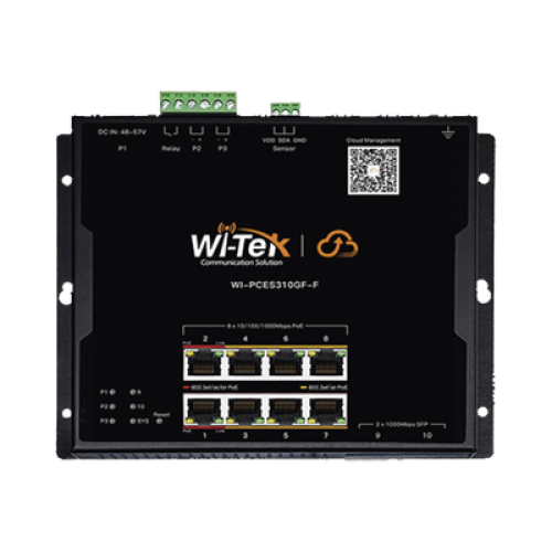 Switch L2 PoE Industrial / Administración Cloud Gratuita / 8 Puertos PoE af/at/bt 10/100/1000 Mbps / 2 Puertos SFP Gigabit / Máx Presupuesto PoE 145 W / Montaje Magnético - Riel DIN.