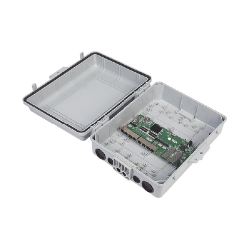 Switch WISP/FTTx con 7 puertos PoE inverso de 24V Pasivo (PoE in), 1 puerto PoE out de 24V + 2 SFP, Integrado con Gabinete NEMA IP67 para exterior Switch WISP/FTTx con 7 puertos PoE inverso de 24V Pasivo (PoE in), 1 puerto PoE out de 24V + 2 SFP, Integrado con Gabinete NEMA IP67 para exterior