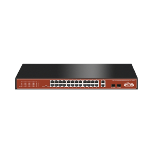 Switch PoE (802.3af/at/bt) / No administrable de largo alcance / Hasta 250m / Con 24 x 10/100Mbps + 2 x SFP Gigabit Combo / 250 W Switch PoE (802.3af/at/bt) / No administrable de largo alcance / Hasta 250m / Con 24 x 10/100Mbps + 2 x SFP Gigabit Combo / 250 W