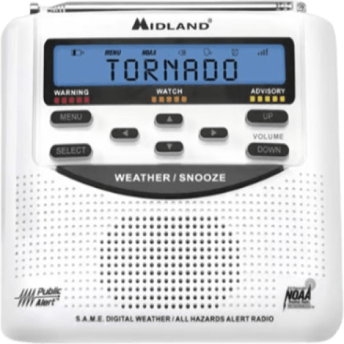 Radio de Alerta Meteorológica WR120, 7 Canales NOAA / Environment Canada, Alerta Sirena 90 dB, Tecnología S.A.M.E., Respaldo de Batería, Certificado Public Alert, Reloj Alarma