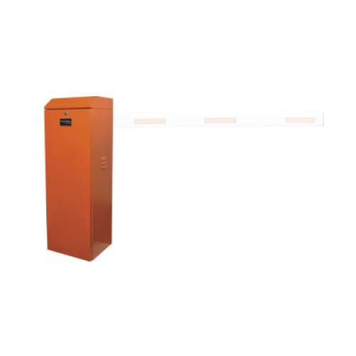 Barrera vehicular derecha / Soporta brazo de hasta 5.5 m / Final de carrera ajustable por programación / Movimiento fluido / Diseño elegante color naranja Barrera vehicular derecha / Soporta brazo de hasta 5.5 m / Final de carrera ajustable por programación / Movimiento fluido / Diseño elegante color naranja